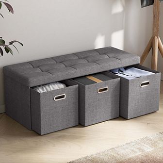 Foldable Tufted Linen Long Bench Storage Ottoman With 3 Drawers