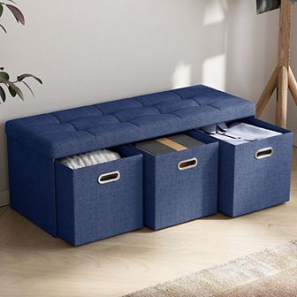 Foldable Tufted Linen Long Bench Storage Ottoman With 3 Drawers