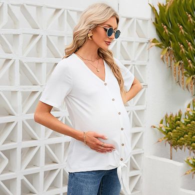 Women's Maternity Shirts V Neck Short Sleeve Nursing Tops Button Down Breastfeeding Tunic Blouse