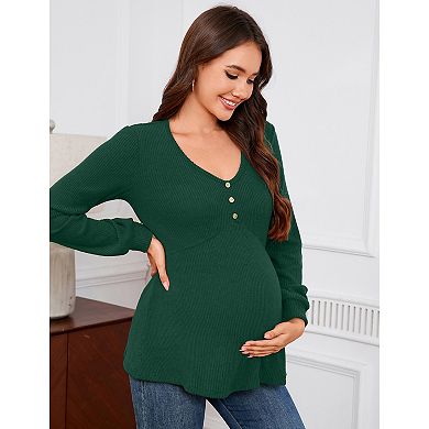 Maternity V-Neck Ribbed Top Casual Long Sleeve Pregnancy Blouse Decorative Button Front Shirt