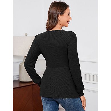 Maternity V-Neck Ribbed Top Casual Long Sleeve Pregnancy Blouse Decorative Button Front Shirt