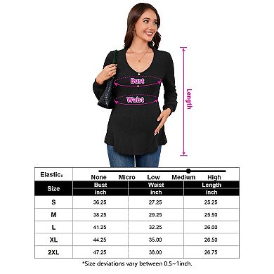 Maternity V-Neck Ribbed Top Casual Long Sleeve Pregnancy Blouse Decorative Button Front Shirt