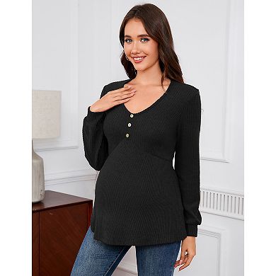 Maternity V-Neck Ribbed Top Casual Long Sleeve Pregnancy Blouse Decorative Button Front Shirt