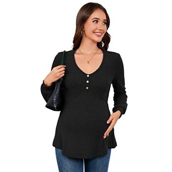 Maternity V-Neck Ribbed Top Casual Long Sleeve Pregnancy Blouse Decorative Button Front Shirt