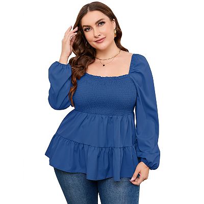 Women&rsquo;s Plus Size Square Neck Smocked Peplum Tops Long 
