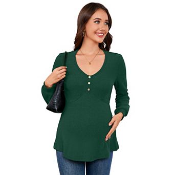 Maternity V-Neck Ribbed Top Casual Long Sleeve Pregnancy Blouse Decorative Button Front Shirt