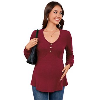Maternity V-Neck Ribbed Top Casual Long Sleeve Pregnancy Blouse Decorative Button Front Shirt