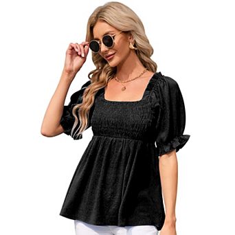 Women Spuare Neck Blouse Half Sleeve Shirts Babydoll Tops Business Casual Lantern Sleeve Tunic