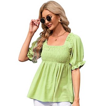 Women Spuare Neck Blouse Half Sleeve Shirts Babydoll Tops Business Casual Lantern Sleeve Tunic