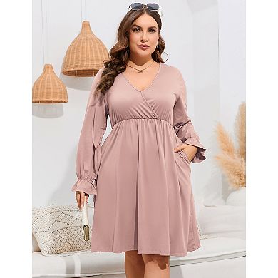 Women's V Neck A-Line Knee Length Wrap Swing Dresses A Line Party Plus Size Mini Dress