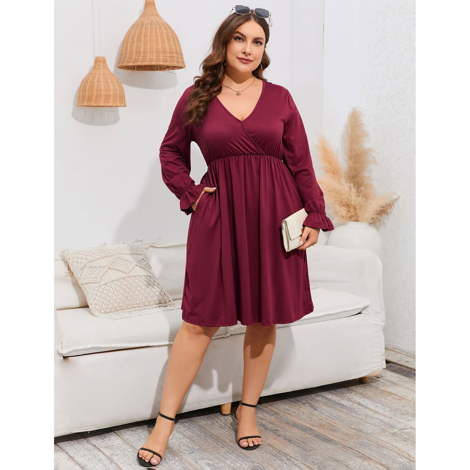 Women's V Neck A-Line Knee Length Wrap Swing Dresses A Line Party Plus Size  Mini