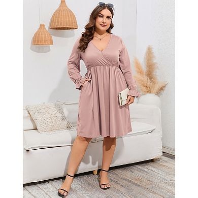 Women's V Neck A-Line Knee Length Wrap Swing Dresses A Line Party Plus Size Mini Dress
