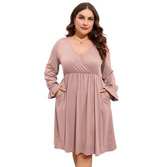 Women's V Neck A-Line Knee Length Wrap Swing Dresses A Line Party Plus Size Mini Dress