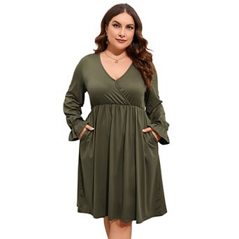 Women's V Neck A-Line Knee Length Wrap Swing Dresses A Line Party Plus Size Mini Dress