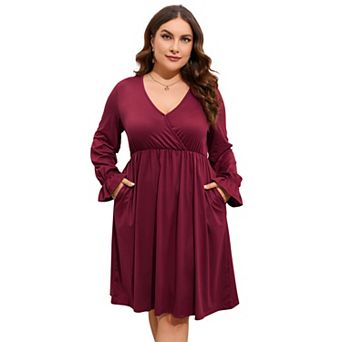 Women's V Neck A-Line Knee Length Wrap Swing Dresses A Line Party Plus Size Mini Dress