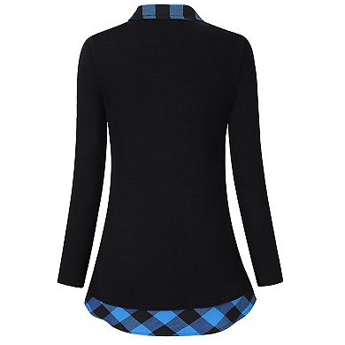 Women's Long Sleeve Contrast Collared Shirts Patchwork Work Blouse Tunics Tops