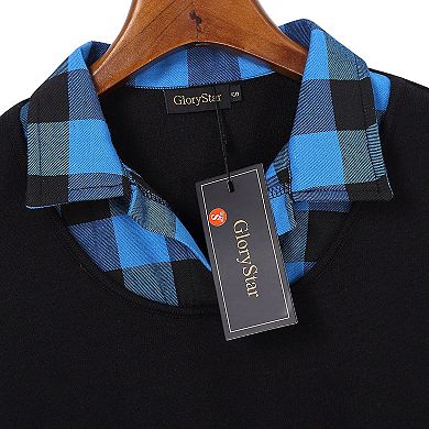 Women's Long Sleeve Contrast Collared Shirts Patchwork Work Blouse Tunics Tops