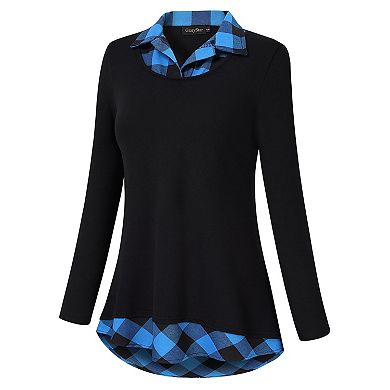 Women's Long Sleeve Contrast Collared Shirts Patchwork Work Blouse Tunics Tops