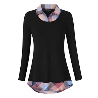 Women's Long Sleeve Contrast Collared Shirts Patchwork Work Blouse Tunics Tops