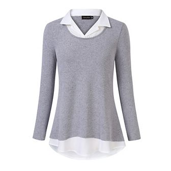 Women's Long Sleeve Contrast Collared Shirts Patchwork Work Blouse Tunics Tops