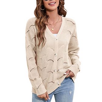 Fall Women's Crochet Cardigan Lightweight Kimono Long Sleeve Hollow Out Kintted Outwear Sweater