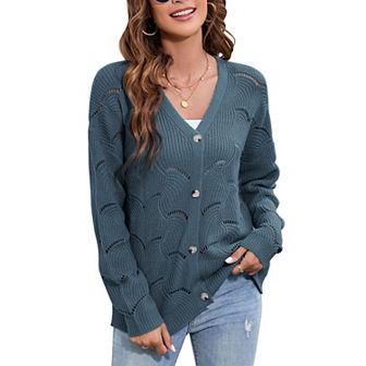 Fall Women's Crochet Cardigan Lightweight Kimono Long Sleeve Hollow Out Kintted Outwear Sweater