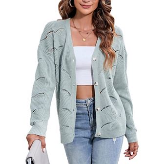 Fall Women's Crochet Cardigan Lightweight Kimono Long Sleeve Hollow Out Kintted Outwear Sweater