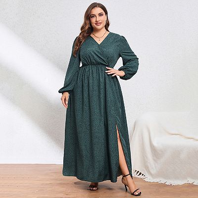 Kojooin Women s Plus Size Wrap Maxi Lantern Empire Waist Split A Line Boho Casual Dresses Solid Dark Green Long Sleeves