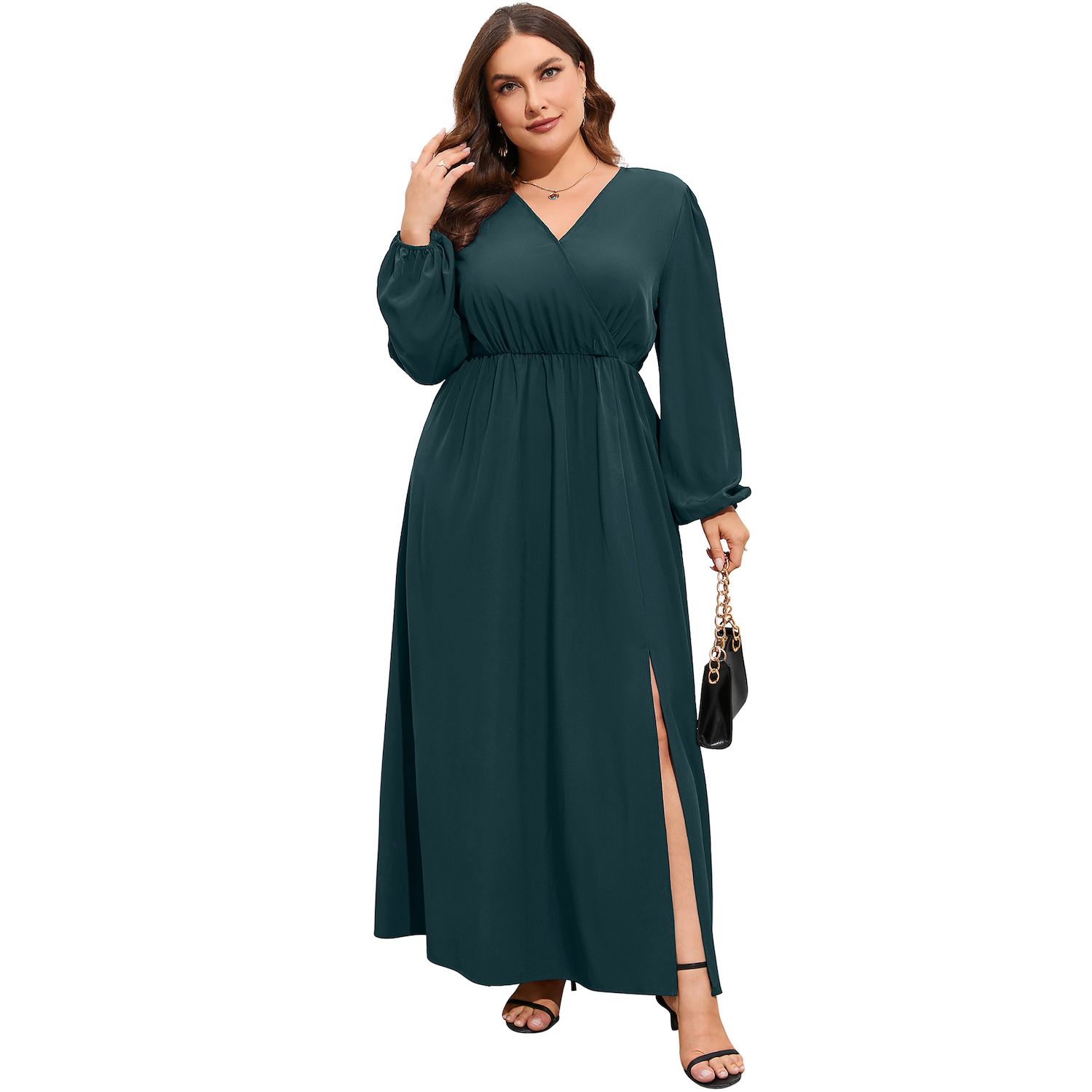 Women Plus Size Wrap Maxi Dress Short Flutter Sleeves Empire Waist Split A  Line Boho Casual