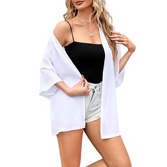Women's Open Front 3/4 Ruffled Sleeve Lightweight Beach Chiffon Kimono Cardigan Swimsuit Cover Ups
