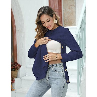 Women's Cable Knit Maternity Top Long Sleeve Pregnancy Nursing Sweatshirt Double Split with Buttons