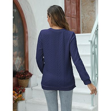 Women's Cable Knit Maternity Top Long Sleeve Pregnancy Nursing Sweatshirt Double Split with Buttons