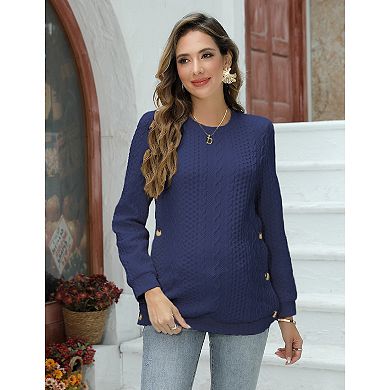 Women's Cable Knit Maternity Top Long Sleeve Pregnancy Nursing Sweatshirt Double Split with Buttons