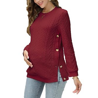 Women's Cable Knit Maternity Top Long Sleeve Pregnancy Nursing Sweatshirt Double Split with Buttons