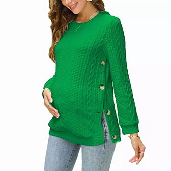 Women's Cable Knit Maternity Top Long Sleeve Pregnancy Nursing Sweatshirt Double Split with Buttons