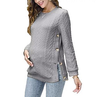 Women's Cable Knit Maternity Top Long Sleeve Pregnancy Nursing Sweatshirt Double Split with Buttons