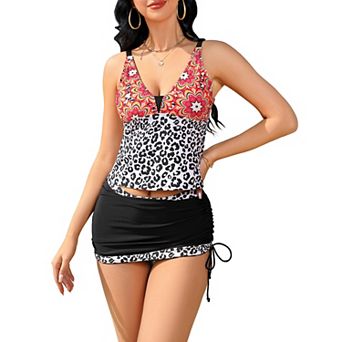 Women Two Piece Swimsuits Tummy Control Bathing Suits One Shoulder Tankini Top With Bikini Bottoms
