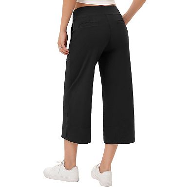 Wide Leg Capri Pants For Women Pull On Loose Lounge Yoga Elastic Waist Cropped Pants With Pockets