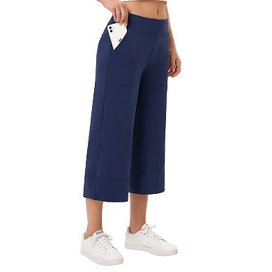 Wide Leg Capri Pants For Women Pull On Loose Lounge Yoga Elastic Waist Cropped Pants With Pockets