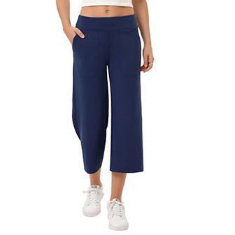 Wide Leg Capri Pants For Women Pull On Loose Lounge Yoga Elastic Waist Cropped Pants With Pockets