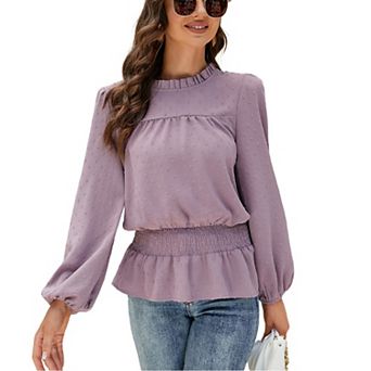 Women Lantern Blouses Long Sleeve Mock Neck Shirts Swiss Dot Ruffle Hem Solid Tops