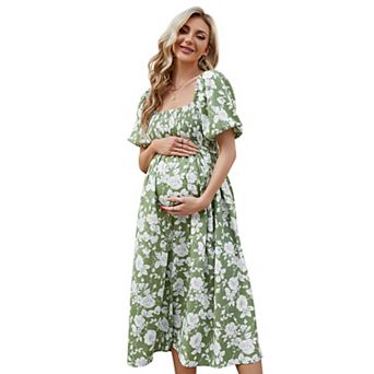 Floral Print Square Neck Maternity Maxi Dress With Short Sleeves And Ruffle Detail For Baby Shower