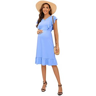 Floral Print Square Neck Maternity Maxi Dress With Short Sleeves And Ruffle Detail For Baby Shower