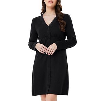 Women's Nightgowns Long Sleeve Button Down Sleepwear Lace V Neck Sleep Shirts