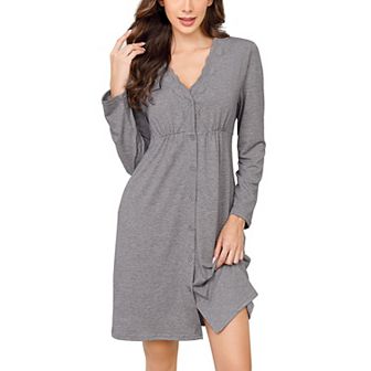 Women's Nightgowns Long Sleeve Button Down Sleepwear Lace V Neck Sleep Shirts