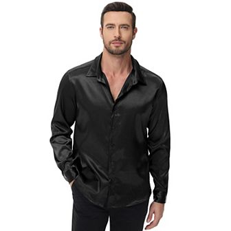 Men's Silk Satin Long Sleeve Dress Shirts Shiny Casual Button Down Shirt Luxury Party Prom Shirts