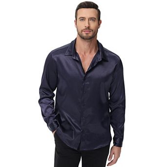 Men's Silk Satin Long Sleeve Dress Shirts Shiny Casual Button Down Shirt Luxury Party Prom Shirts