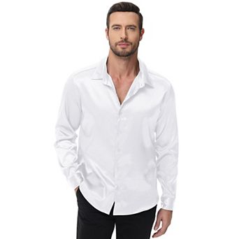 Men's Silk Satin Long Sleeve Dress Shirts Shiny Casual Button Down Shirt Luxury Party Prom Shirts