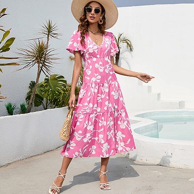 Women's Bohemian Floral Printed V Neck Ruffle Hem A-line Short Sleeve Split Beach Party Maxi Dress