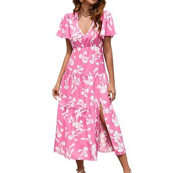 Women's Bohemian Floral Printed V Neck Ruffle Hem A-line Short Sleeve Split Beach Party Maxi Dress